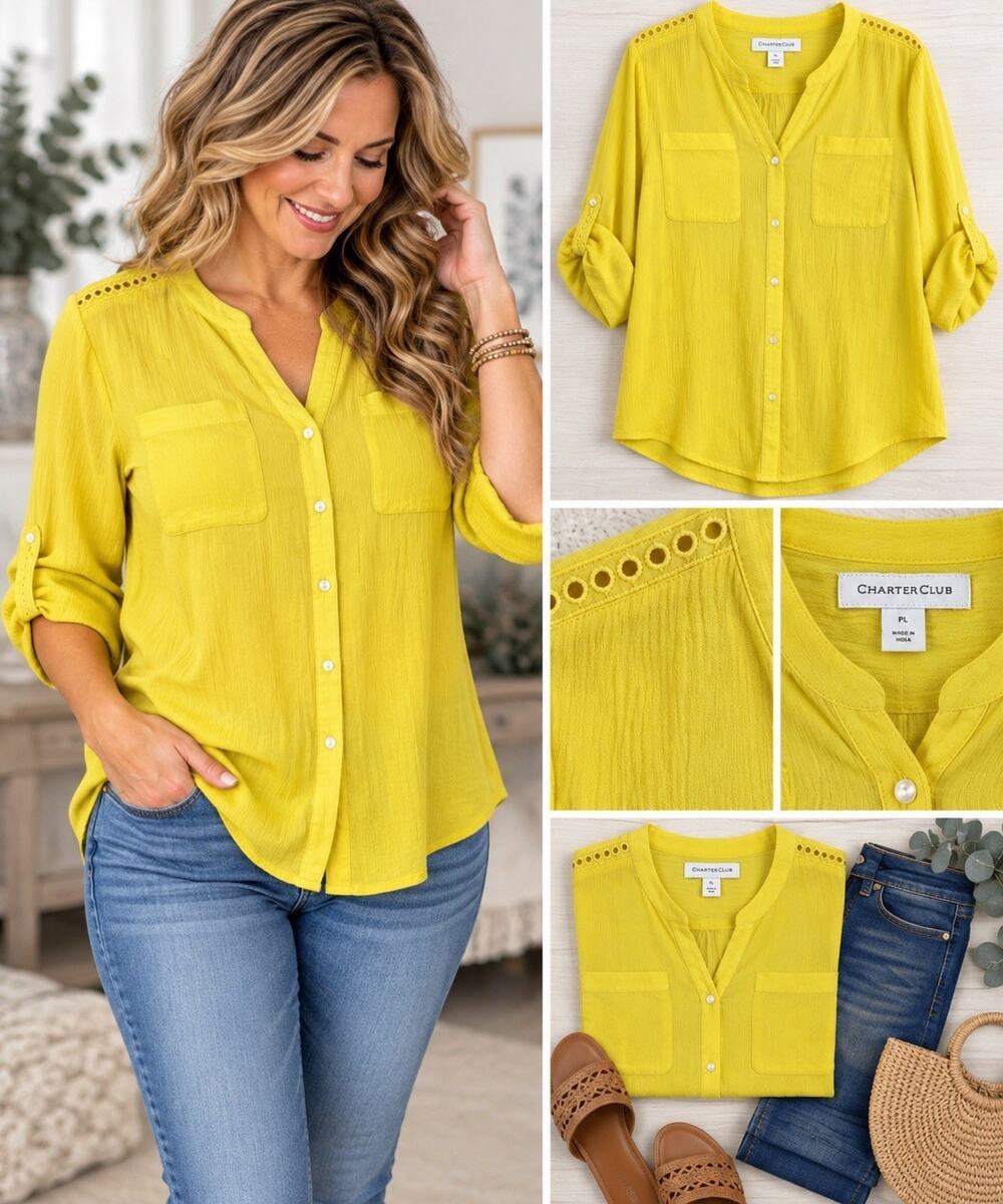 NWT Charter Club Petite Large Lemon Spritz Yellow Blouse Eyelet Cotton